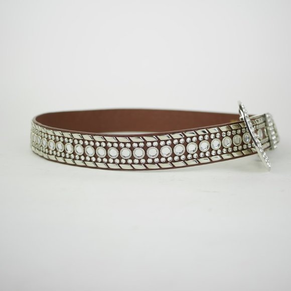 LUXURY DIVAS Women\'s M - Brown jeweled & studded leather belt silver buckle 1.5\